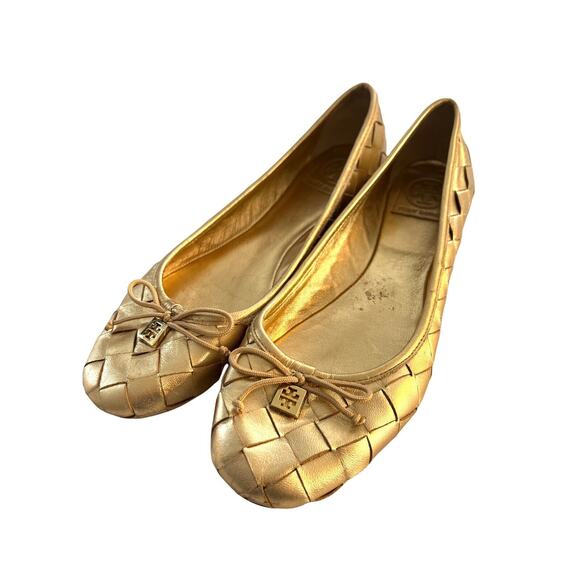 8.5 M Tory Burch Prescot Woven Ballet Flat Metallic Gold - Picture 1 of 12